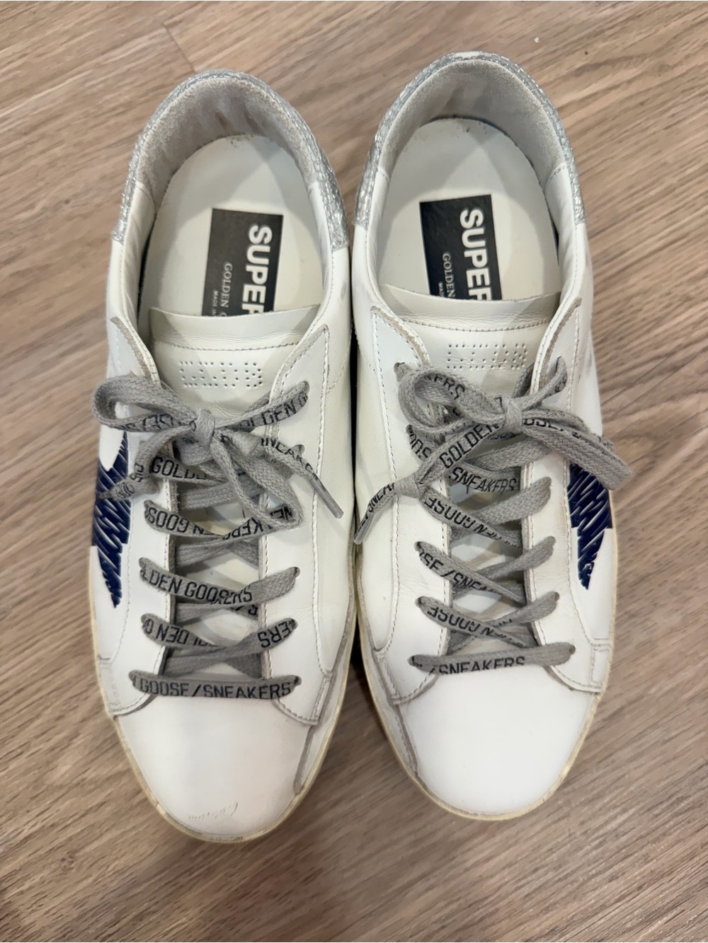Golden Goose White Leather Sneakers with Blue Star and Silver Heel - Picture 5 of 8